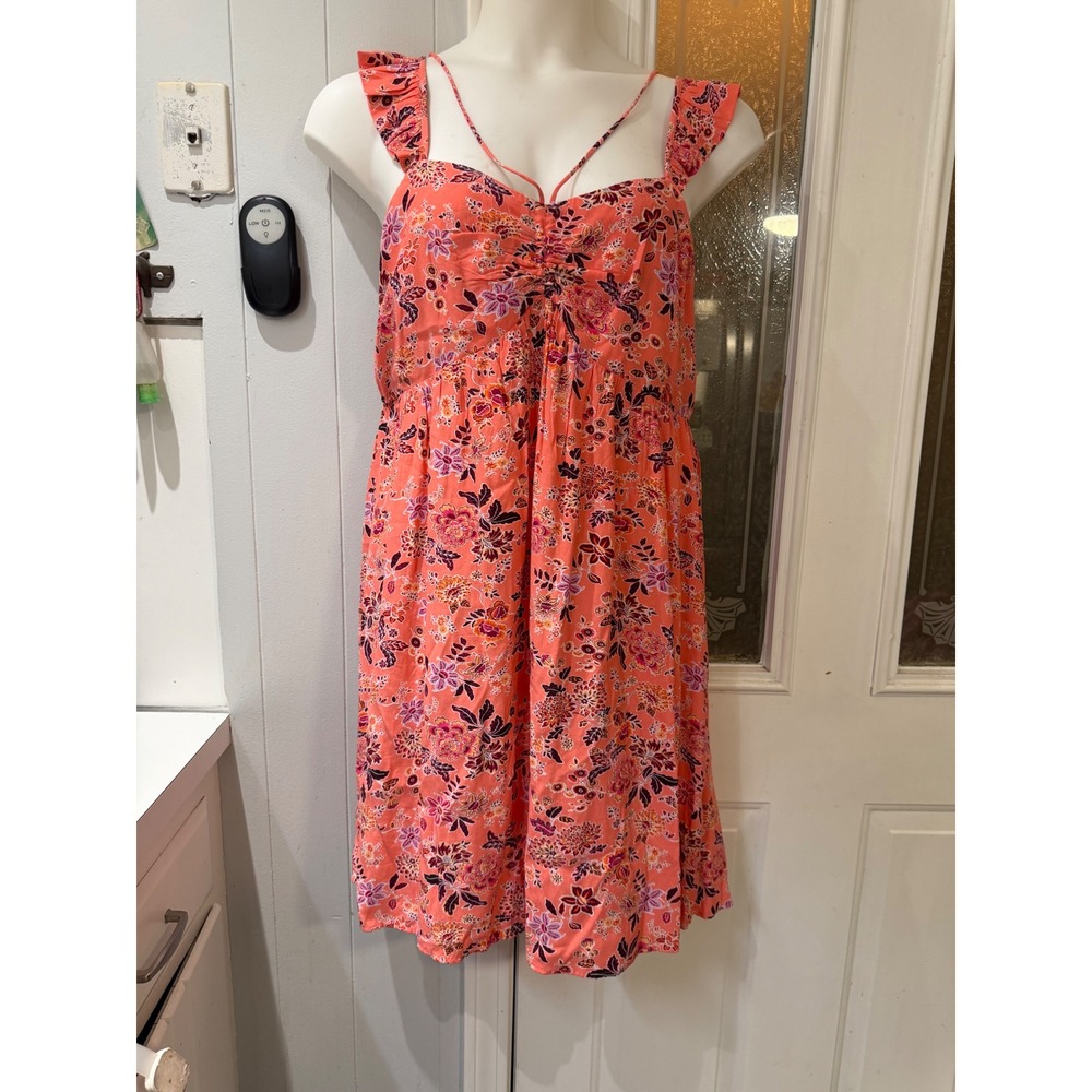 LOFT Petites Coral Orange Floral Ruffle Strap Smocked Sun Dress 16P